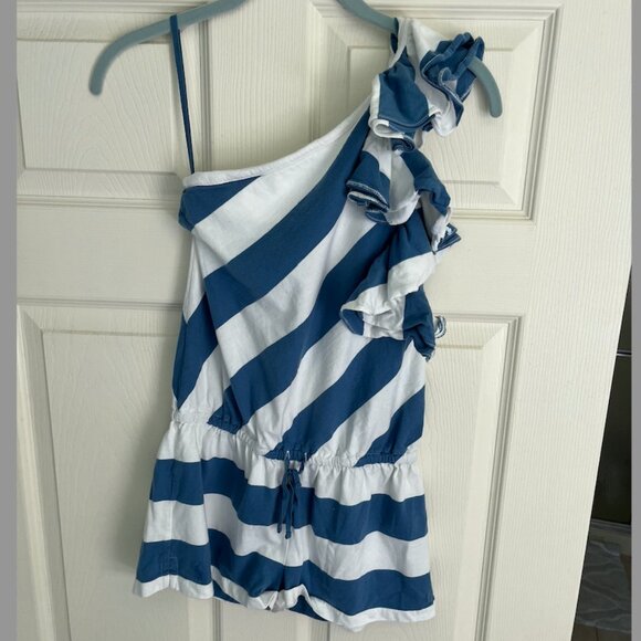 Ralph Lauren Girls Blue Stripped One-Shoulder Romper - Picture 1 of 5